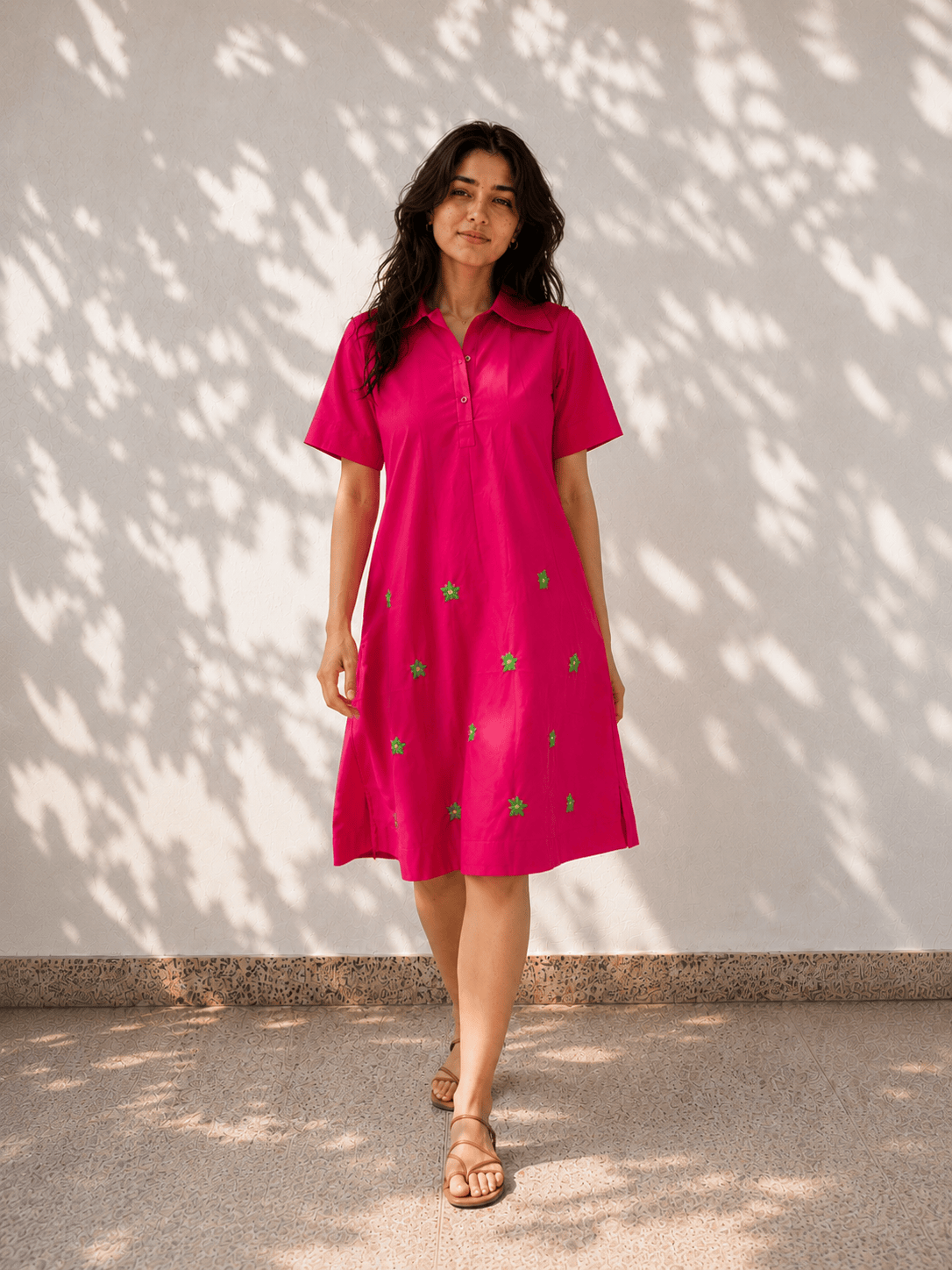 Pink Flower Embroidered Cotton Dress