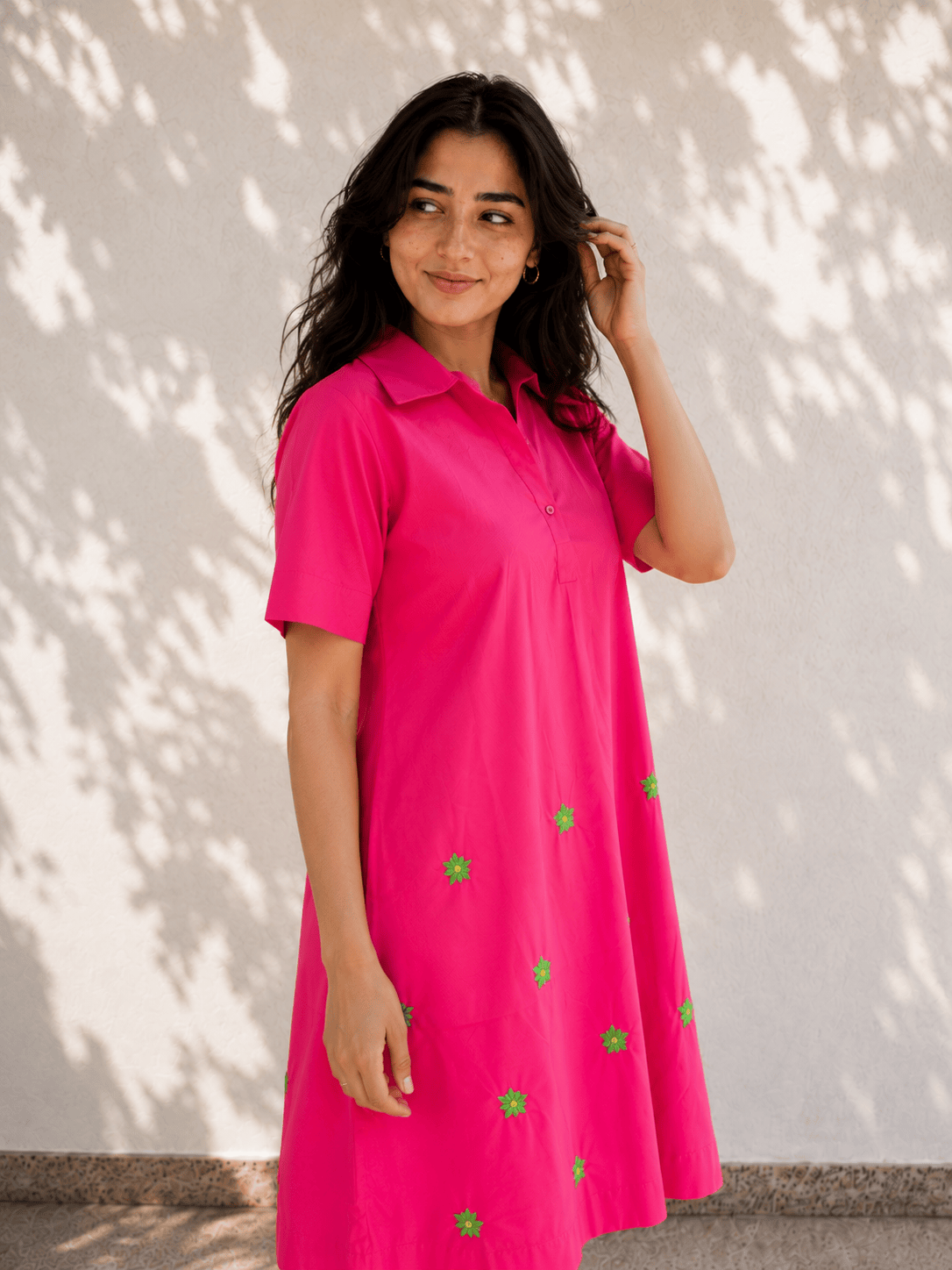 Pink Flower Embroidered Cotton Dress