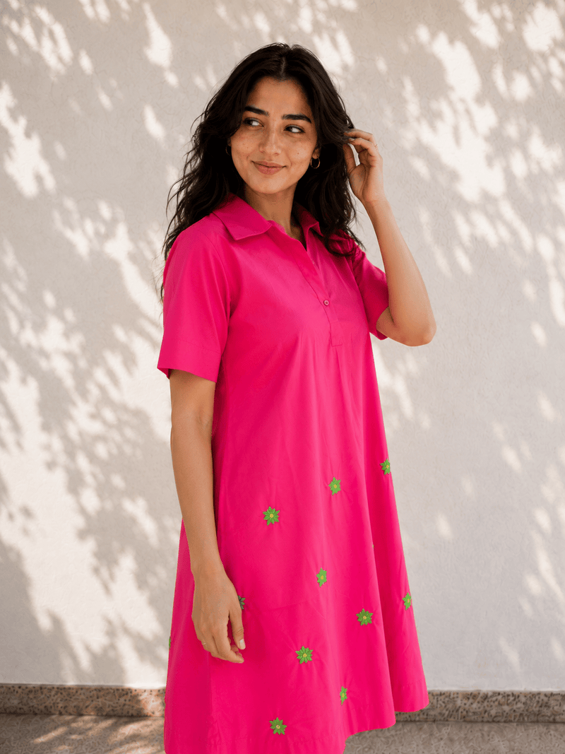 Pink Flower Embroidered Cotton Dress