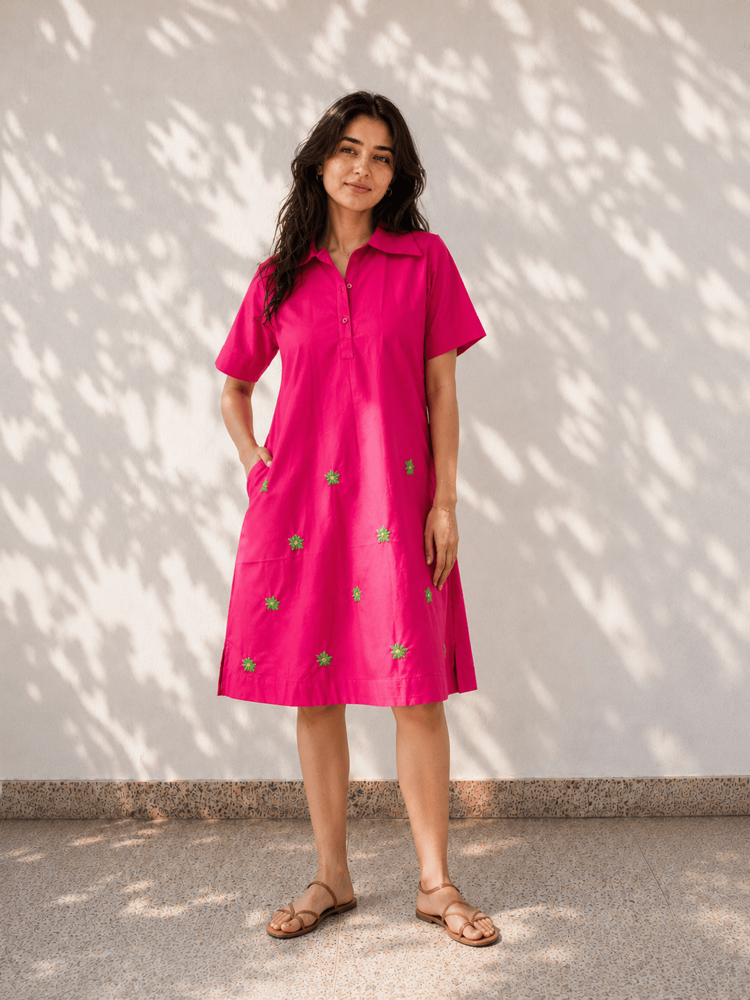 Pink Flower Embroidered Cotton Dress