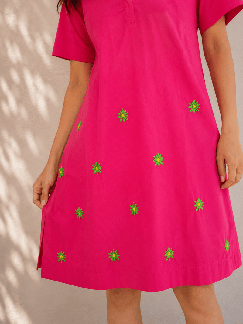 Pink Flower Embroidered Cotton Dress