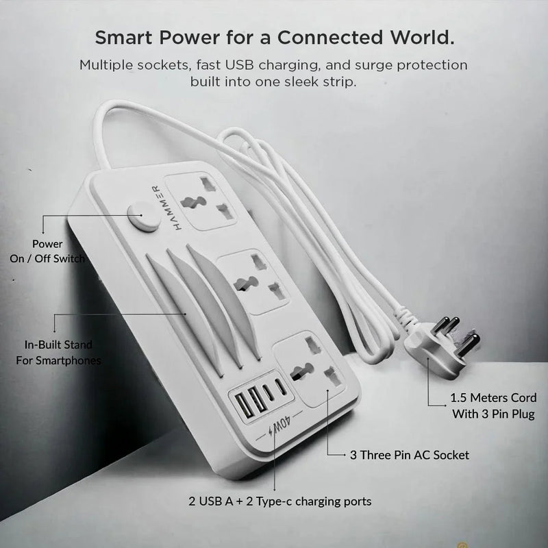 HAMMER Power Strip with 3 Universal Sockets with Child Security, 2 USB Ports and 2 Type C 20w PD, Mobile Holder, 2300W with 1.5 Meter Cable White-7