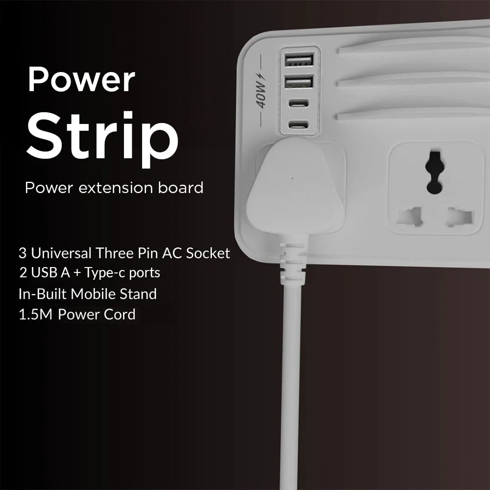 HAMMER Power Strip with 3 Universal Sockets with Child Security, 2 USB Ports and 2 Type C 20w PD, Mobile Holder, 2300W with 1.5 Meter Cable White-6