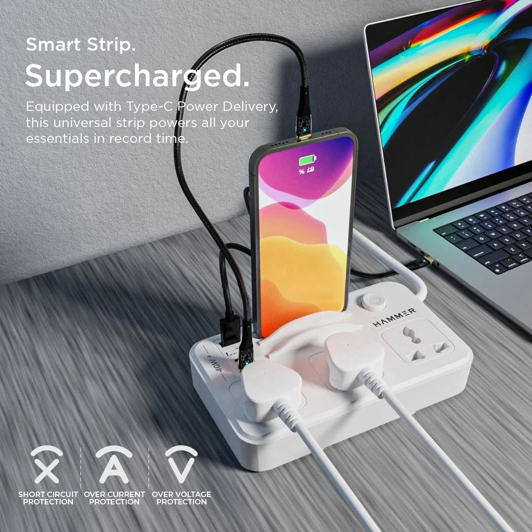 HAMMER Power Strip with 3 Universal Sockets with Child Security, 2 USB Ports and 2 Type C 20w PD, Mobile Holder, 2300W with 1.5 Meter Cable White-8