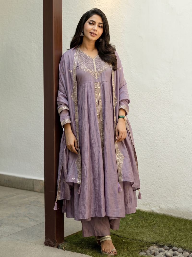 Lavender Silk Embroidered Anarkali Kurta With Dupatta Set for Women