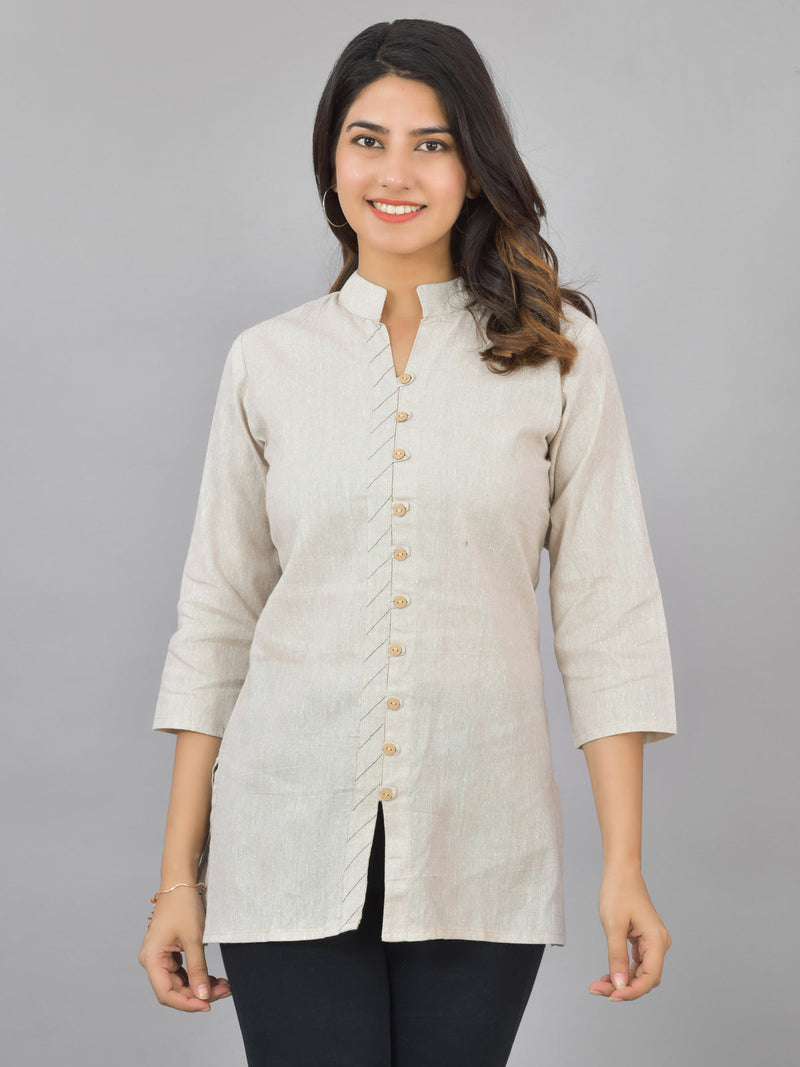 Pack Of 2 Womens Brown And Cream Woven Design Handloom Cotton Frontslit Short Kurtis