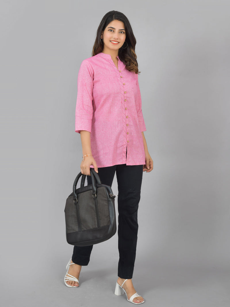 Pack Of 2 Womens Pink And Yellow Woven Design Handloom Cotton Frontslit Short Kurtis