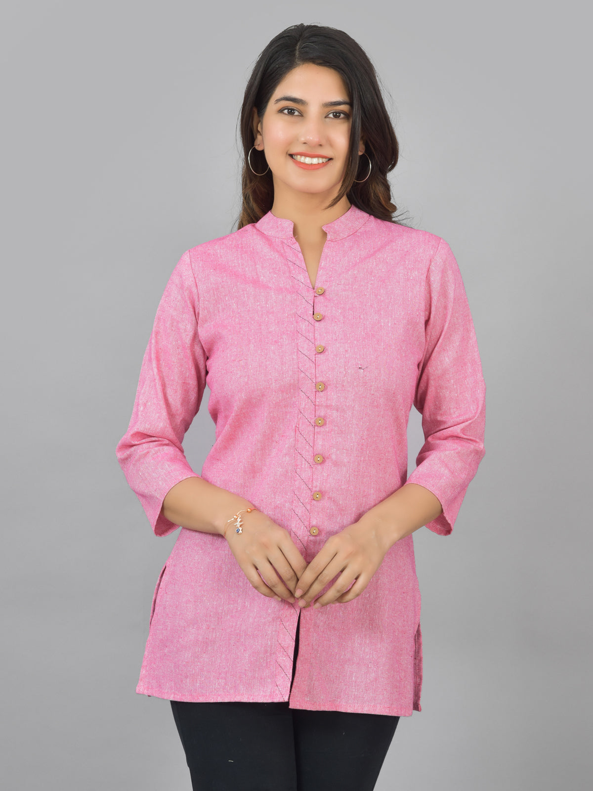 Pack Of 2 Womens Pink And Yellow Woven Design Handloom Cotton Frontslit Short Kurtis
