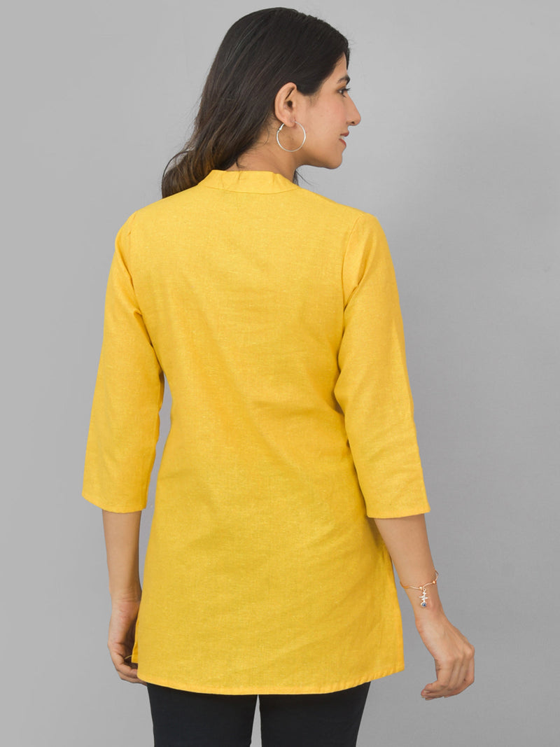 Pack Of 2 Womens Pink And Yellow Woven Design Handloom Cotton Frontslit Short Kurtis