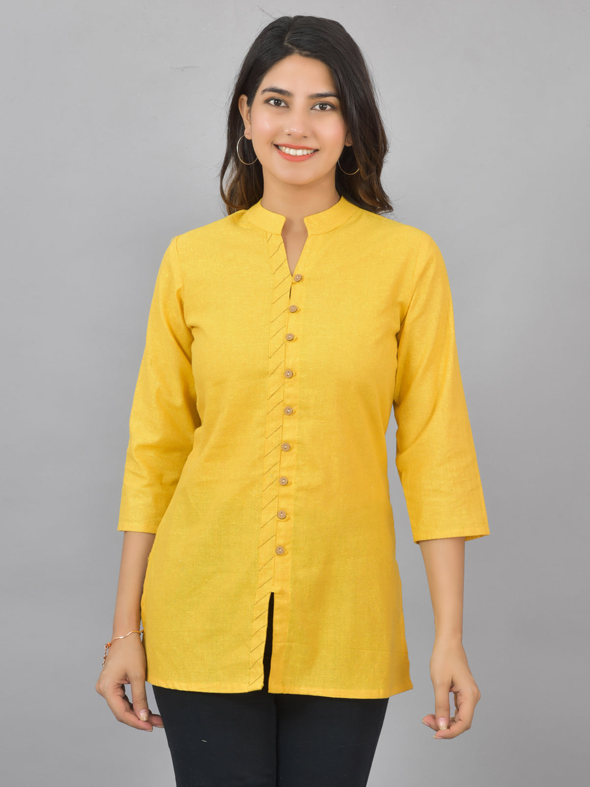 Pack Of 2 Womens Pink And Yellow Woven Design Handloom Cotton Frontslit Short Kurtis