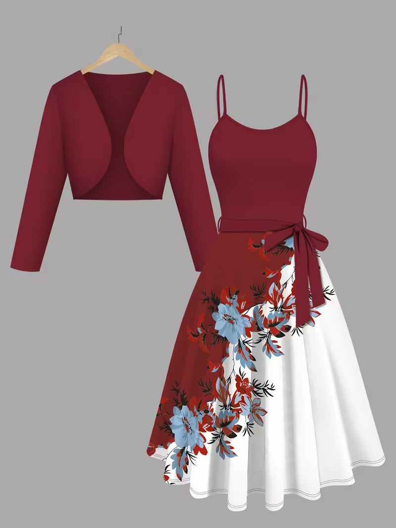 Amara Floral Midi Dress with Shrug | Maroon Cardigan Jacket with Floral Suspender Dress Set