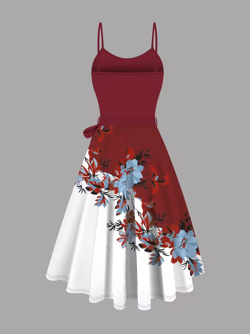 Amara Floral Midi Dress with Shrug | Maroon Cardigan Jacket with Floral Suspender Dress Set
