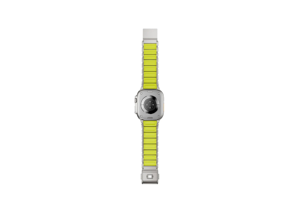 Silver & Green Titanium Fusion Apple Watch Strap from Friday's premium Titanium Fusion Collection with magnetic closure