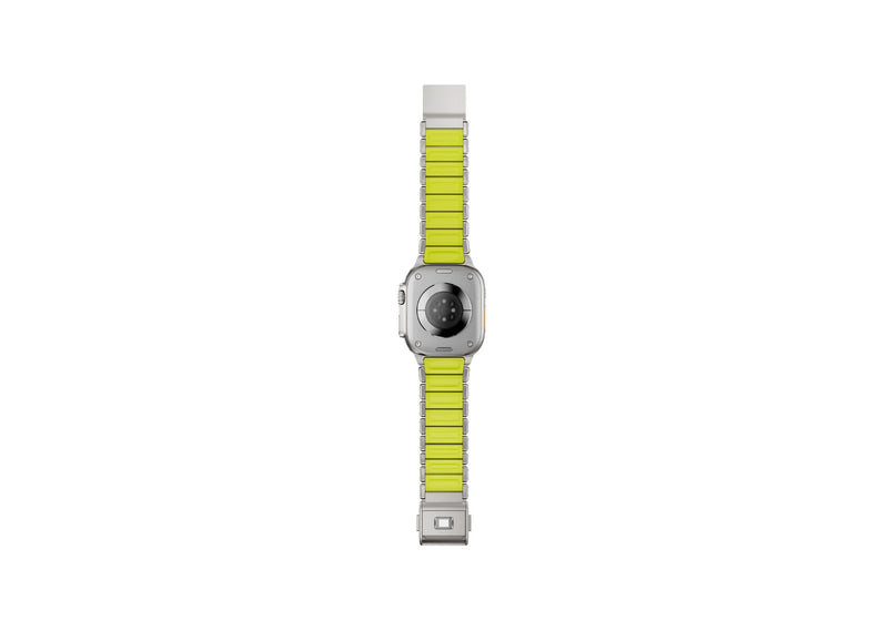Silver & Green Titanium Fusion Apple Watch Strap from Friday's premium Titanium Fusion Collection with magnetic closure