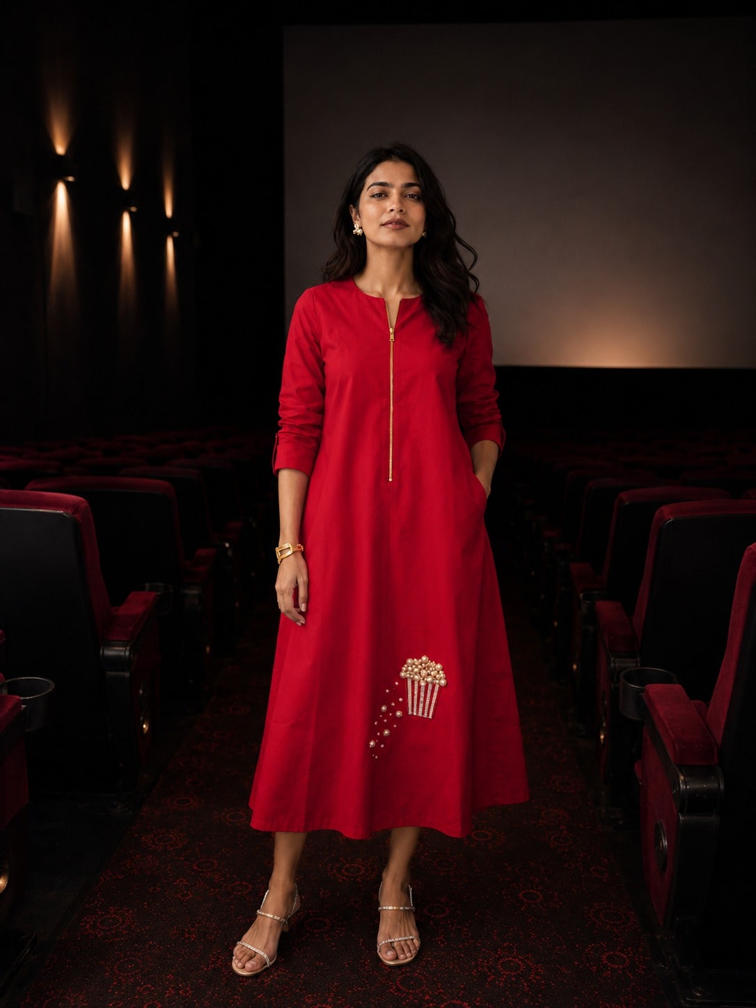 Red Twill Cotton Dress with Popcorn Pearl Embroidery
