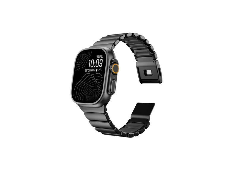 Close-up of the magnetic clasp on the Royal Black Titanium Fusion Apple Watch Strap with premium black titanium finish and secure locking mechanism