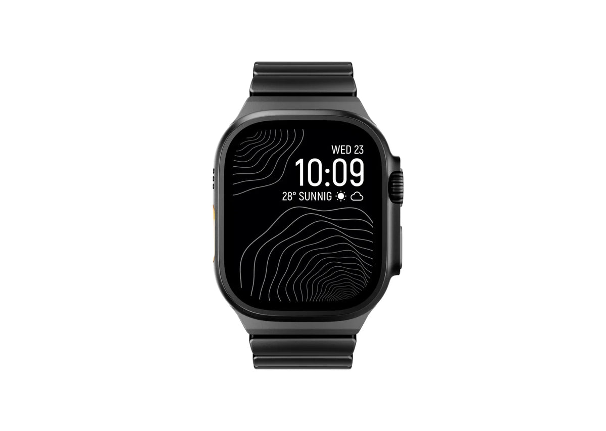 Front display view of the Royal Black Titanium Fusion Apple Watch Strap installed on Apple Watch Ultra with premium all-black titanium finish