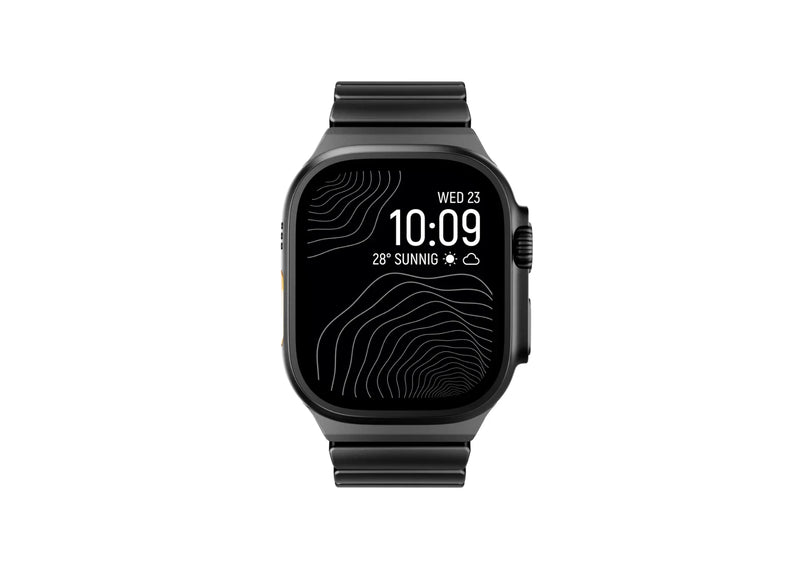 Front display view of the Royal Black Titanium Fusion Apple Watch Strap installed on Apple Watch Ultra with premium all-black titanium finish