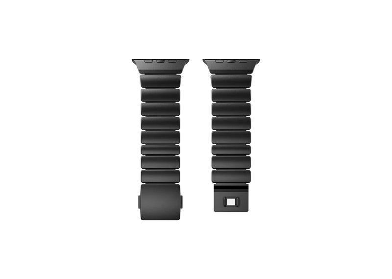 Royal Black Titanium Fusion Apple Watch Strap open to display the powerful magnetic clasp and precision-engineered titanium construction