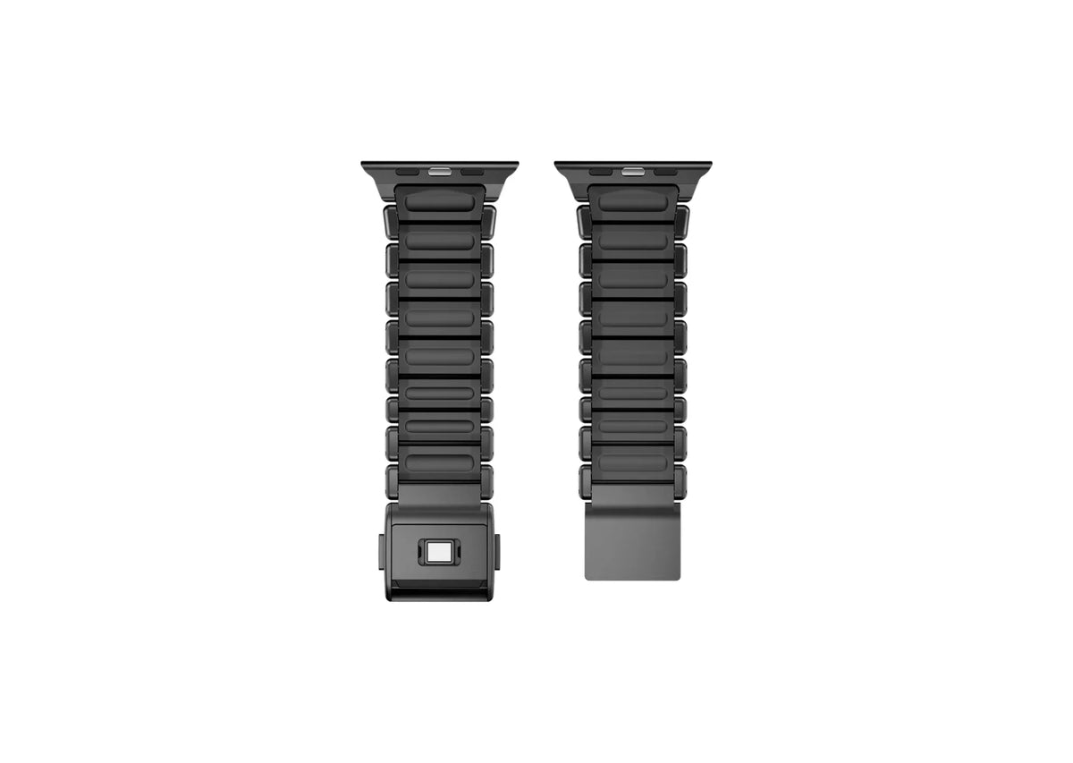 Rear perspective of the Royal Black Titanium Apple Watch Band highlighting lightweight titanium construction and premium black silicone interior