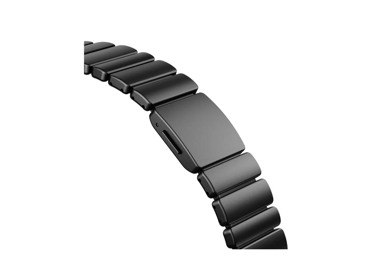 Detailed close-up of the magnetic locking system on the Royal Black Titanium Fusion Apple Watch Strap with premium titanium hardware