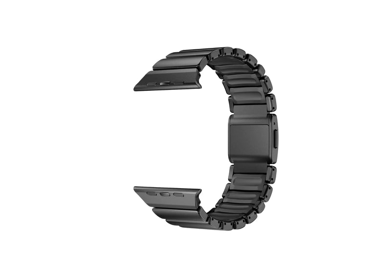 Side angle view of the Royal Black Titanium Fusion Apple Watch Strap featuring brushed black titanium links and premium silicone comfort