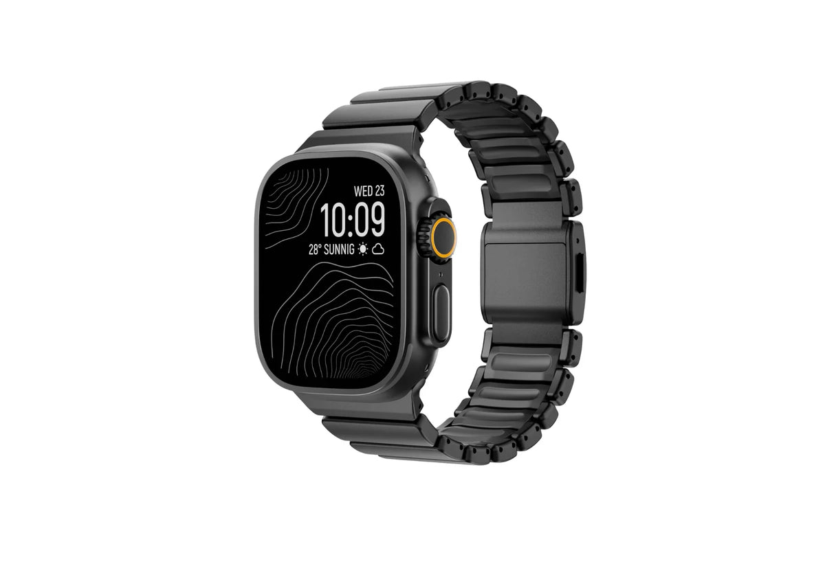 Royal Black Titanium Fusion Apple Watch Strap with magnetic clasp compatible with Apple Watch Ultra 3, Ultra 2, Ultra, Series 11, Series 10, Series 9, Series 8, Series 7, Series 6, Series 5, Series 4, Series 3, Series 2, Series 1 and Apple Watch SE