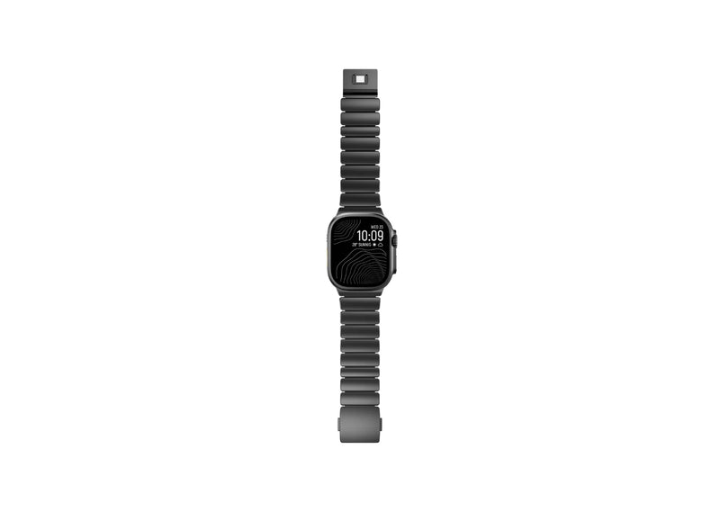 Full-length front view of the Royal Black Titanium Fusion Apple Watch Band with magnetic closure compatible with Apple Watch Ultra and Series models