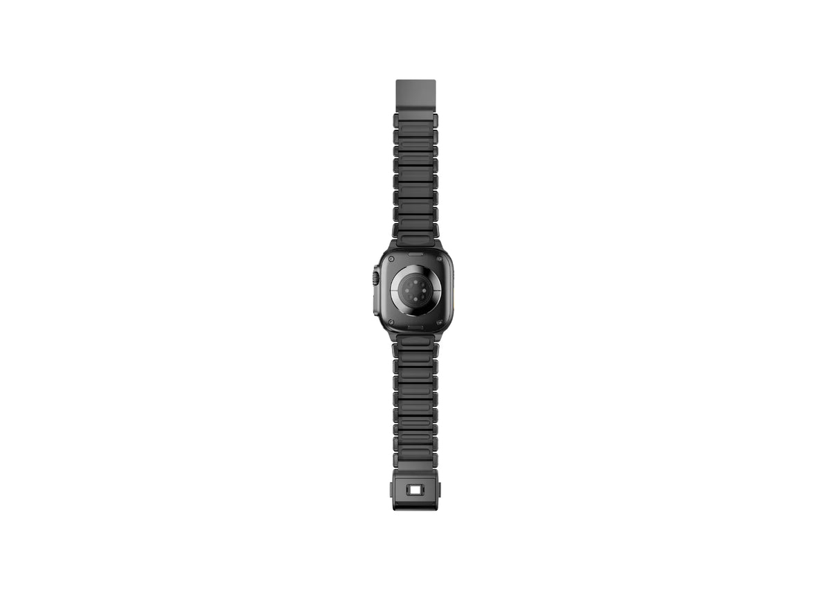 Full-length rear view of the Royal Black Titanium Fusion Apple Watch Strap showing the breathable black silicone backing for everyday wear