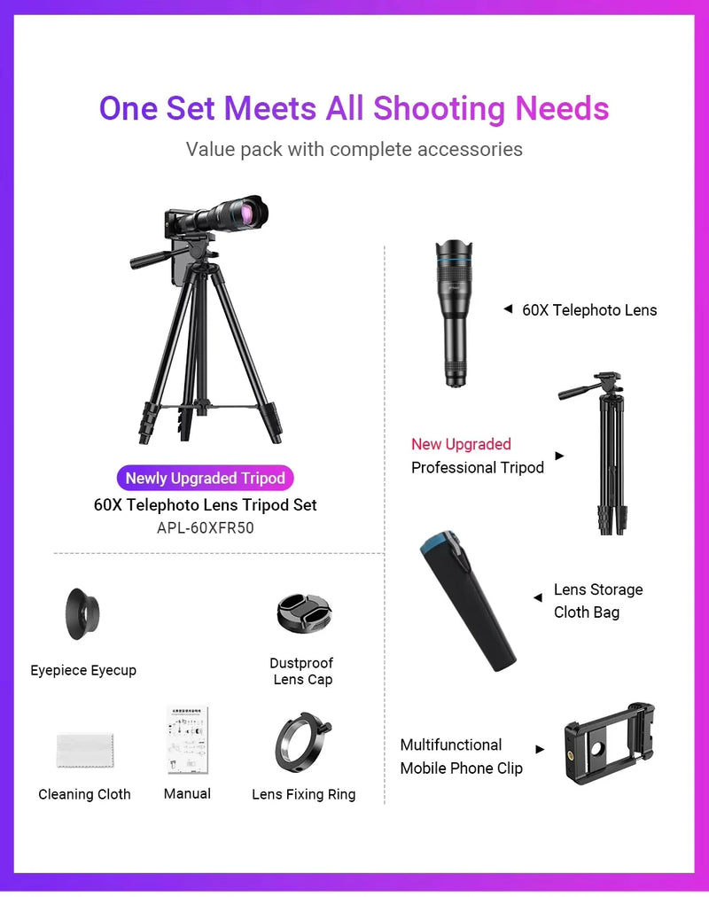 [NEW] Apexel 4K 60X Hyper Zoom Mobile lens with Universal Mobile Holder Best Lenses engnew36 engnew60 Zoom - APEXEL INDIA - Mobile Lens - Mobile Camera Lens - Cellphone Accessories - Phone Lens - Smartphone Lens