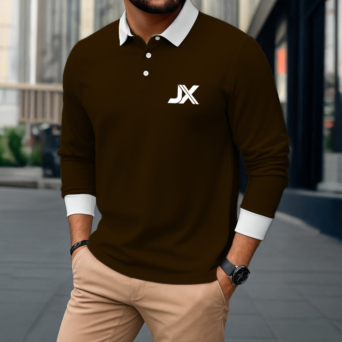 BROWN FULL SLEEVE POLO NECK T-SHIRT