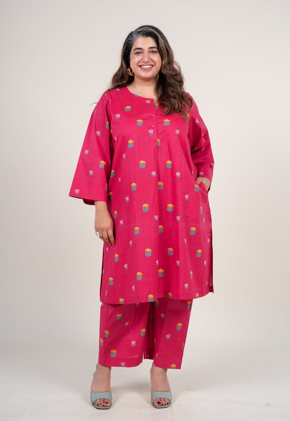 Kaaya Hot Pink Printed Cotton Straight Co-Ord Set