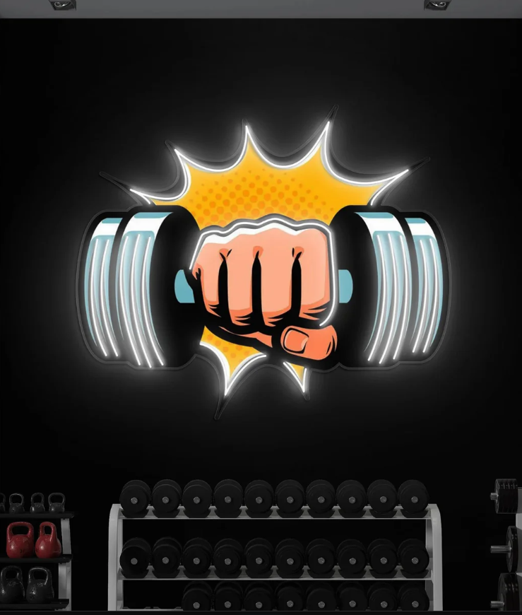 Power Punch Dumbbell UV Print Neon Wall Art – Gym Strength LED Neon Sign | Neon Signs India — Image 2
