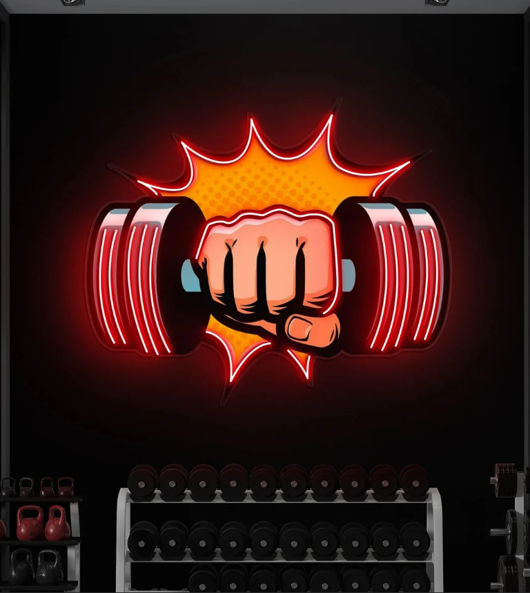 Power Punch Dumbbell UV Print Neon Wall Art – Gym Strength LED Neon Sign | Neon Signs India — Image 1