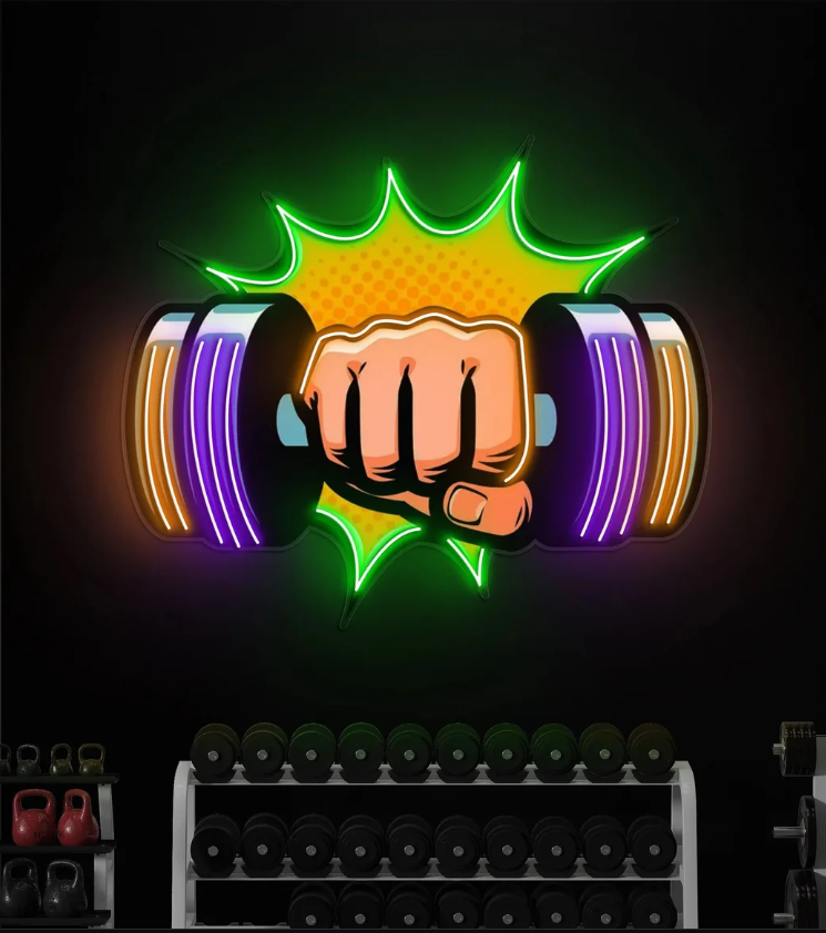 Power Punch Dumbbell UV Print Neon Wall Art – Gym Strength LED Neon Sign | Neon Signs India — Image 3