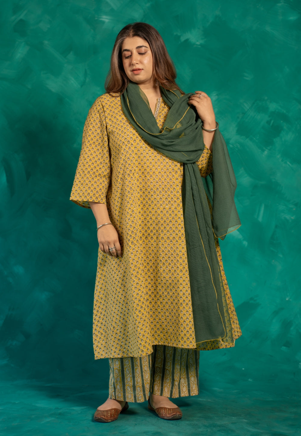 Azira Yellow Bagru Cotton A Line Kurta
