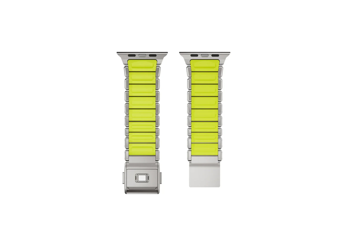 Premium packaging of the Silver & Green Titanium Fusion Apple Watch Strap by Friday