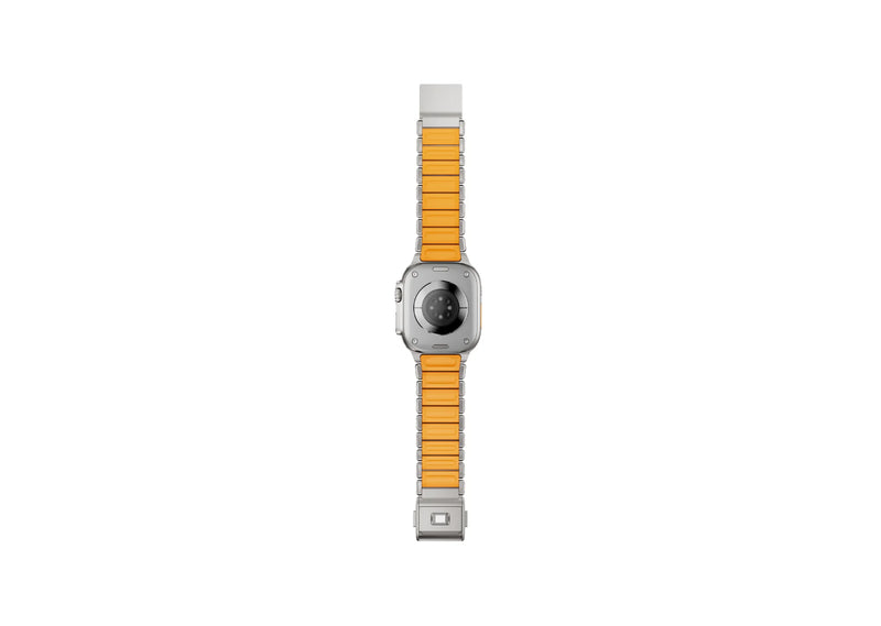 Silver & Orange Titanium Fusion Apple Watch Strap opened to display the powerful magnetic clasp, premium titanium frame and flexible silicone construction