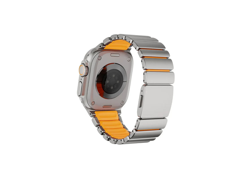 Silver & Orange Titanium Fusion Apple Watch Band installed on Apple Watch Ultra featuring premium titanium links, soft silicone interior and secure magnetic closure