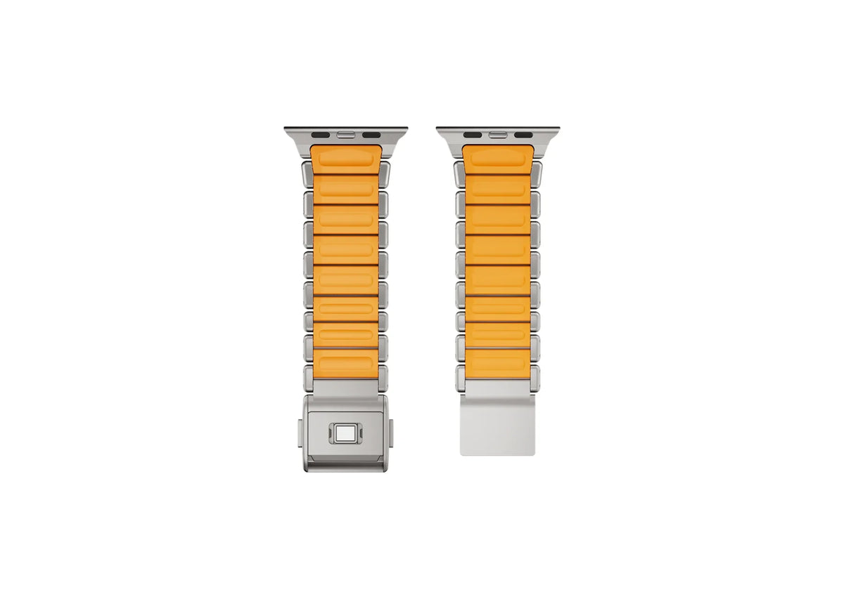 Rear view of the Silver & Orange Titanium Fusion Apple Watch Strap showcasing the breathable orange silicone inner lining and precision Apple Watch connectors