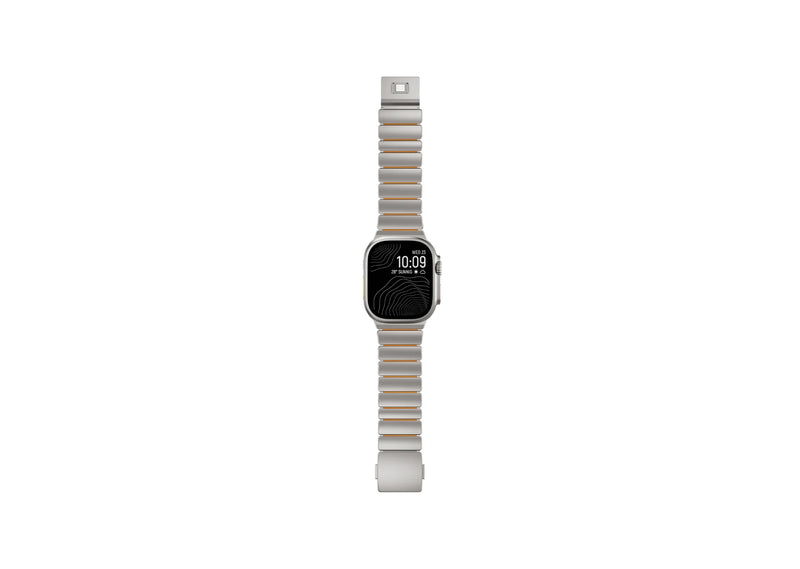 Full-length Silver & Orange Titanium Fusion Apple Watch Band with premium magnetic clasp compatible with Apple Watch Ultra, Series 11 and Apple Watch SE