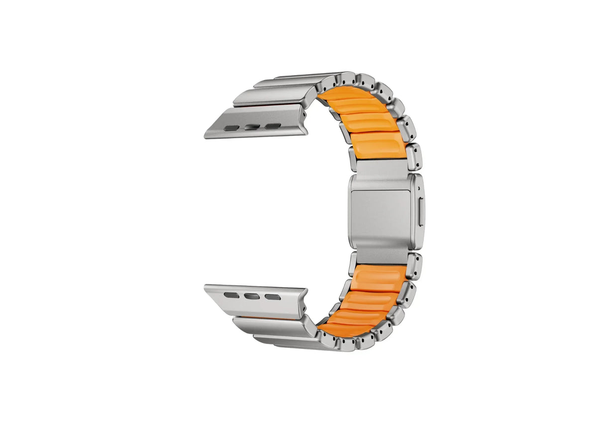Premium titanium links and magnetic locking system of the Silver & Orange Titanium Fusion Apple Watch Strap for Apple Watch Ultra and Series models