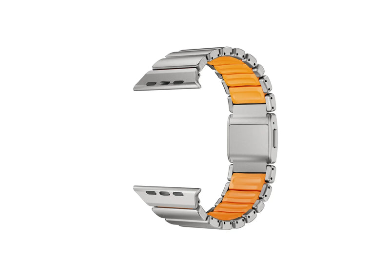 Premium titanium links and magnetic locking system of the Silver & Orange Titanium Fusion Apple Watch Strap for Apple Watch Ultra and Series models