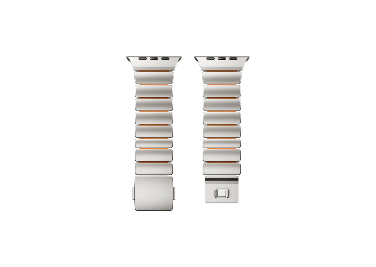 Front view of the Silver & Orange Titanium Fusion Apple Watch Band for Apple Watch Ultra with lightweight titanium construction and premium magnetic closure