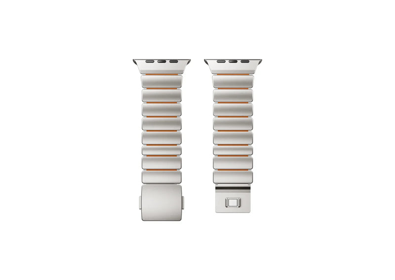 Front view of the Silver & Orange Titanium Fusion Apple Watch Band for Apple Watch Ultra with lightweight titanium construction and premium magnetic closure