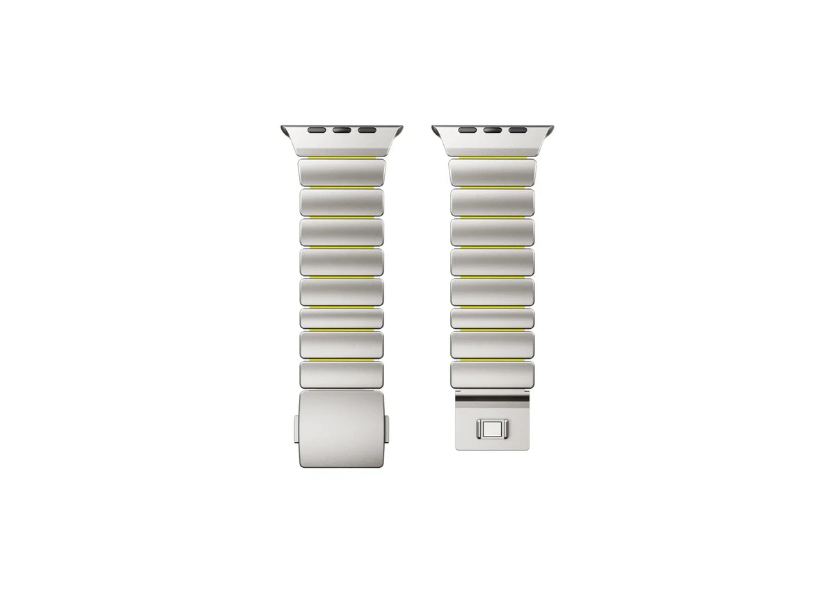 Multiple views of the Silver & Green Titanium Fusion Apple Watch Strap highlighting titanium construction, magnetic clasp and premium silicone comfort