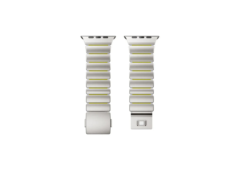 Multiple views of the Silver & Green Titanium Fusion Apple Watch Strap highlighting titanium construction, magnetic clasp and premium silicone comfort