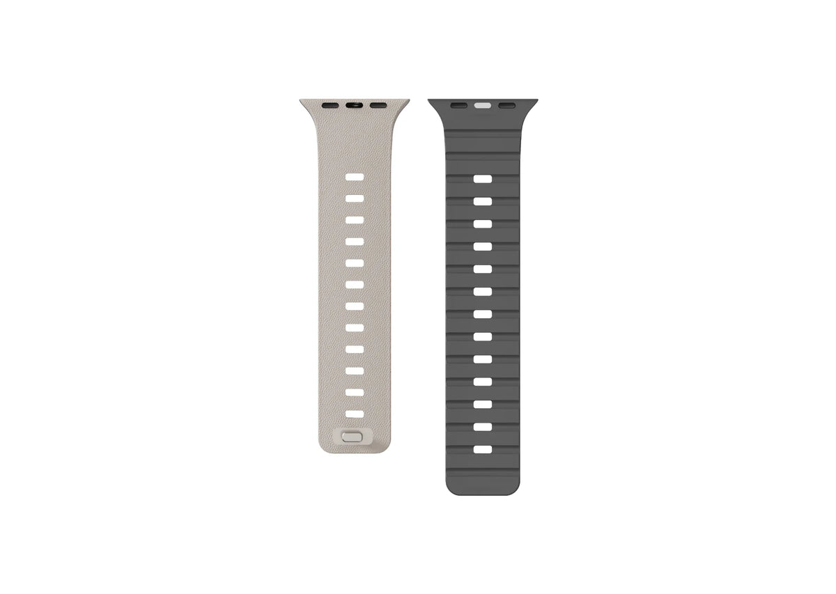 cream and grey SnapBand silicone Apple Watch straps displayed together, highlighting the leather-like textured finish and adjustable design