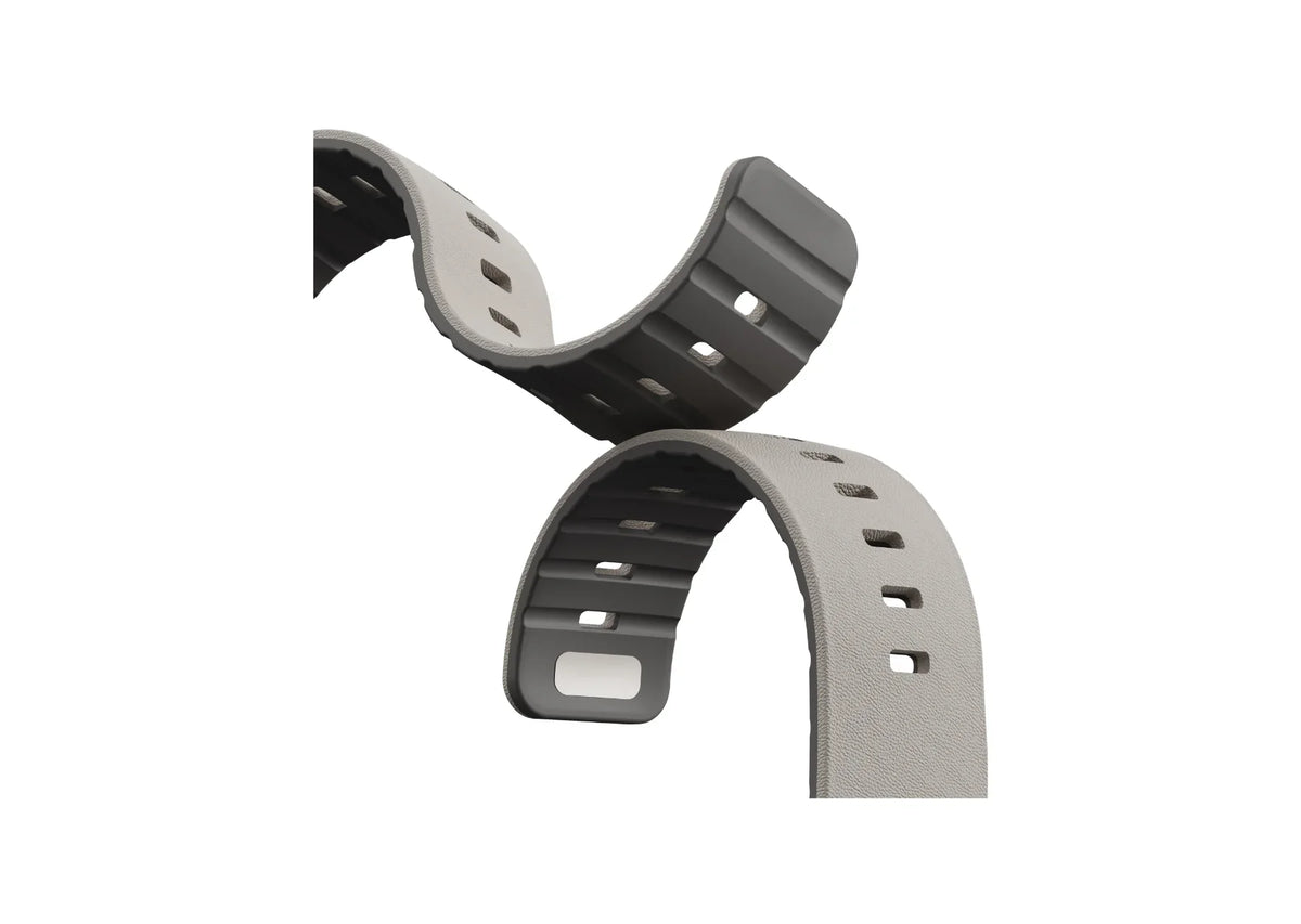 cream SnapBand leather-textured silicone Apple Watch band shown alongside its grey inner surface and adjustment holes