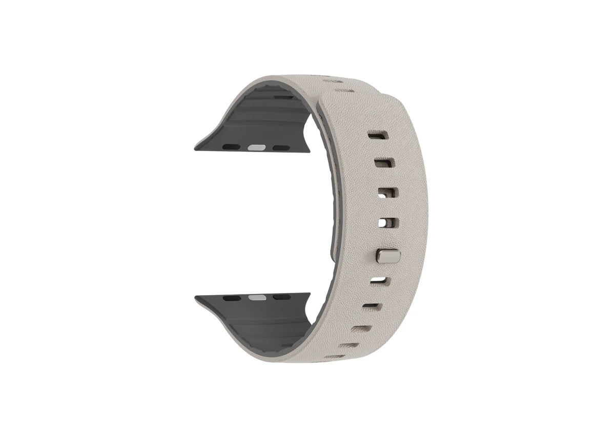 Detailed view of SnapBand cream and grey silicone Apple Watch strap showing the leather-like exterior texture and inner grip pattern